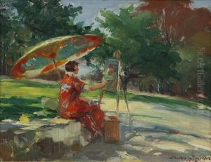 Sketch Of Della Shull Thompson, Woman In Japanese Costume Painting En Plein Air Under A Parasol by Charles Lewis Wrenn