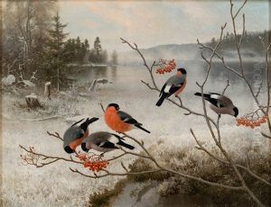 Bullfinches In Winter Landscape by Ferdinand von Wright