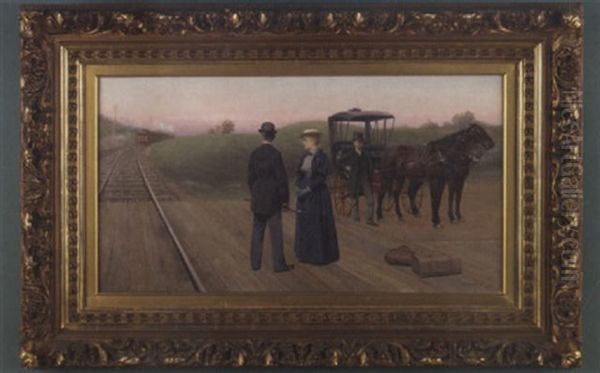 Train Station Scene With Three Figures And Horse Carriage In A Sunset Landscape - view 1