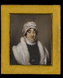 A Lady, Wearing Black Dress With Jewelled Belt Buckle, White Fur Shawl And Lace Cap