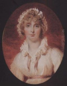 A Lady Wearing Cream Dress With Pink Ribbon Waistband And Open Frilled Collar With Matching Ribbons, A White Indoor Bonnet Over Her Light Brown Hair