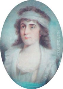 A Young Lady With Long Flowing Brown Hair, Wearing A White Dress With Frilled Collar And A Blue Ribbon Waistband