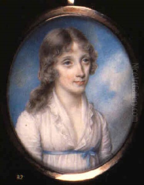 Portrait Of Lady In White Dress With Blue Ribbon Waistband - view 1