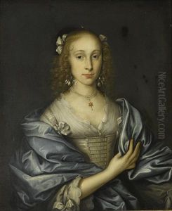 A Portrait Of A Lady, Half-length, In A White Dress And Blue Wrap Wearing A Pearl Necklace With A Six Pointed Star Pendant