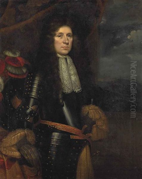 Portrait Of An Officer, Three-quarter-length, In Armour, Beside A Draped Table With A Red-and-white Plumed Helmet, A Landscape Beyond - view 1