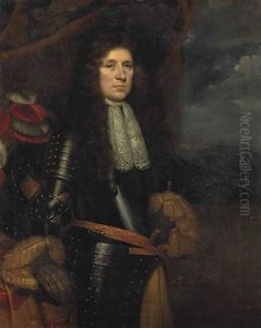 Portrait Of An Officer, Three-quarter-length, In Armour, Beside A Draped Table With A Red-and-white Plumed Helmet, A Landscape Beyond by John Michael Wright