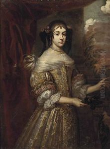 Portrait Of A Lady, Three-quarter-length, In An Embroidered White And Yellow Dress And A Pearl Necklace, With Branches In Her Right Hand