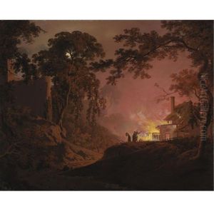 A Cottage On Fire: A Moonlit Landscape With Figures By A Burning Cottage And The Ruins Of A Castle Beyond