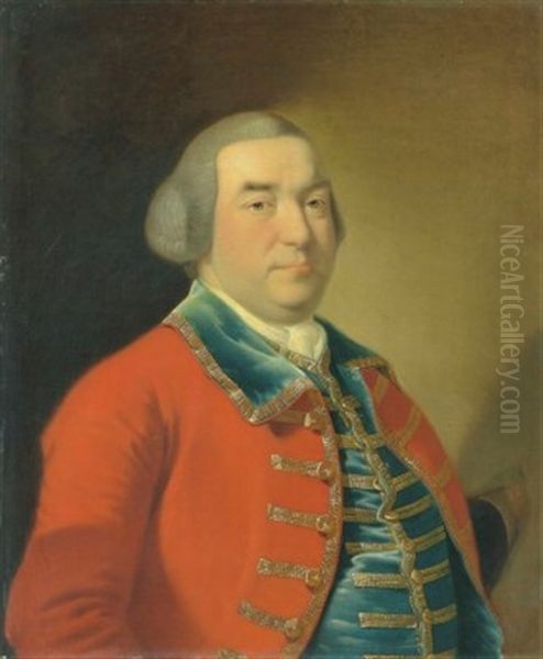 Portrait Of Captain William Kirke (1715-1773), Bust-length, In A Red Military Coat And Blue Waistcoat With Gold Embroidery - view 1