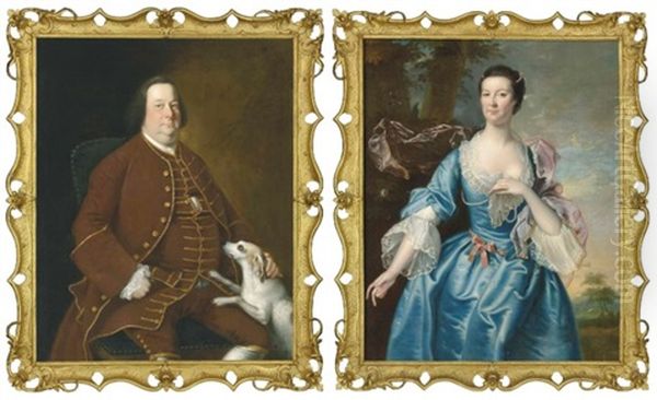 Portrait Of A Gentleman, Seated Three-quarter-length, In A Brown Coat And Breeches, With A Dog; And Portrait Of A Lady, Three-quarter-length, In A Blue Dress And Lace Collar And Cuffs, Standing In A Landscape - view 1