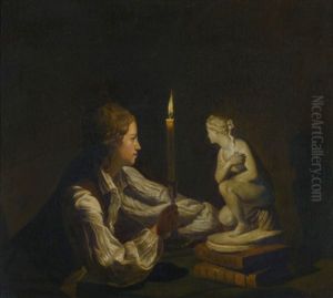A Young Artist Holding A Lighted Candle, Inspecting A Model Of A Crouching Venus by Josepf Wright Of Derby