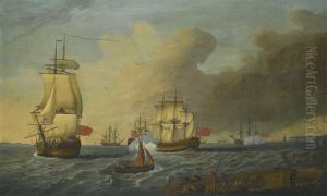British Men O' War In An Estuary by Richard (of Liverpool) Wright