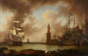 A Squadron Of British War Ships In A Mediterranean Port With Captured French Vessell