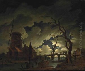 A Moonlit River Landscape With A Windmill, Boats And Figures