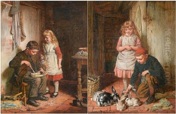 A Young Boy Carving A Model Boat With A Girl Looking On
Two Young Children Feeding Rabbits In A Cottage Interior - view 1