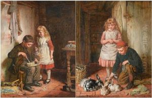 A Young Boy Carving A Model Boat With A Girl Looking On 
Two Young Children Feeding Rabbits In A Cottage Interior