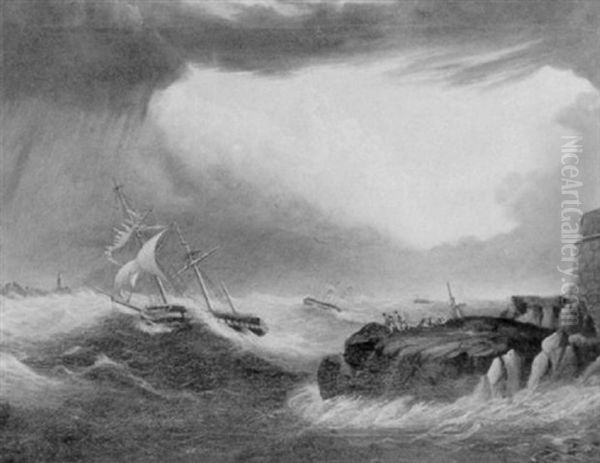 Shipping In Distress In A Storm Off A Rocky Coast With Survivors Coming Ashore From A Wreck - view 1
