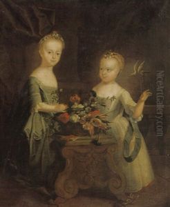 Portrait Of The Crane Sisters In An Interior Wearing Silk Dresses, Playing With A Pet Bird by Thomas Wright