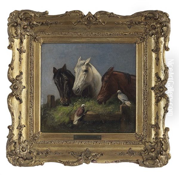 Three Horses Grazing With Birds - view 1