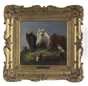 Three Horses Grazing With Birds