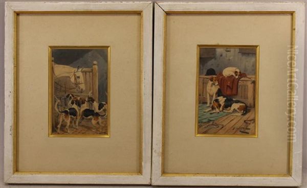 Framed Watercolors Of Hounds In An Interior Setting - view 1