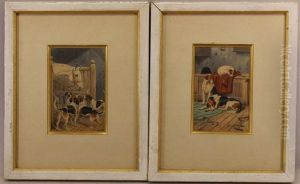 Framed Watercolors Of Hounds In An Interior Setting by George Wright