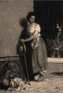 A Rest From Her Labors/peasant Girl With An Elegant Garden Beyond by Manuel Wssel De Guimbarda