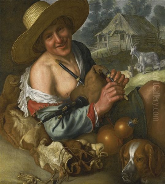 A Goatherd With A Bagpipe And His Mastiff, In A Landscape With Goats Beyond - view 1
