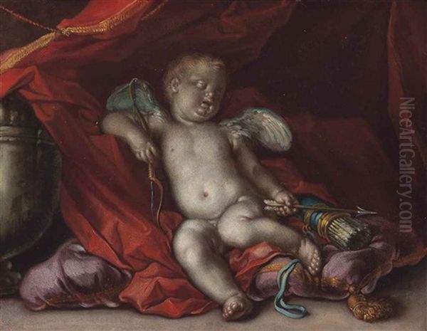 Cupid Asleep On A Pillow Before A Draped Curtain - view 1