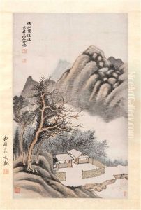 Chinese Scroll Painting On Paper By Wu Li. Depicting A Cottage With Distant Hills Chinese Scroll Painting On Paper By Wu Li. Depicting A Cottage With Distant Hills