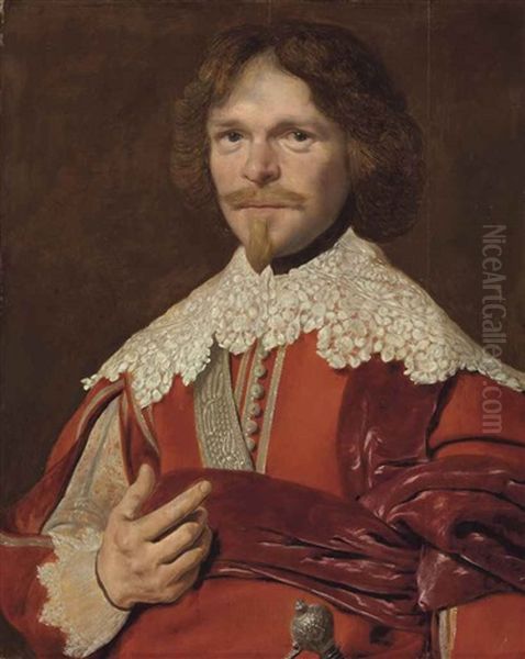 Portrait Of Gentleman, Half-length, In Red With A Lace Collar - view 1