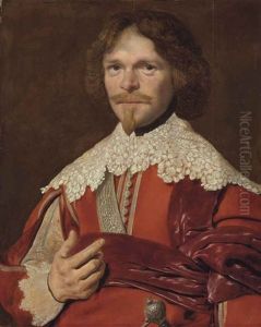 Portrait Of Gentleman, Half-length, In Red With A Lace Collar by Abraham Wuchters