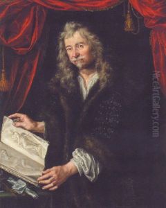 Portrait Of A Connoisseur In A Black Fur-trimmed Coat, Standing At A Table Against A Crimson Curtain, Holding A Book Of Sketches