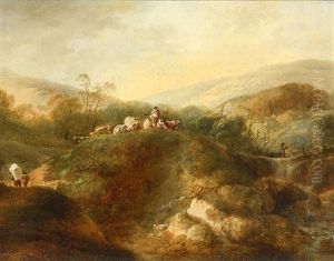 Hugelige Bachlandschaft Mit Bauern Und Vieh by Heinrich Johann Wuest