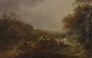 Bachlandschaft Mit Bauern Und Vieh by Heinrich Johann Wuest