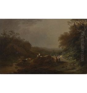 Bachlandschaft Mit Bauern Und Vieh by Heinrich Johann Wuest