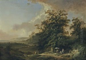Landschaft Mit Reisenden An Einem Flussufer Landschaft Mit Fischern, Hirten Und Vieh (2 Works) by Heinrich Johann Wuest