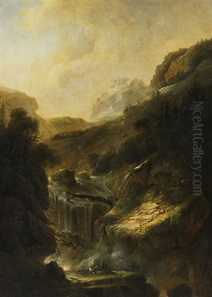 Ideale Gebirgslandschaften Mit Wasserfall Und Zeichnern (pair) - view 1