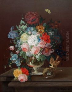 Grosses Blumenbouquet In Einer Glasvase Mit Vogel Und Vogelnest by Eduard Wuger