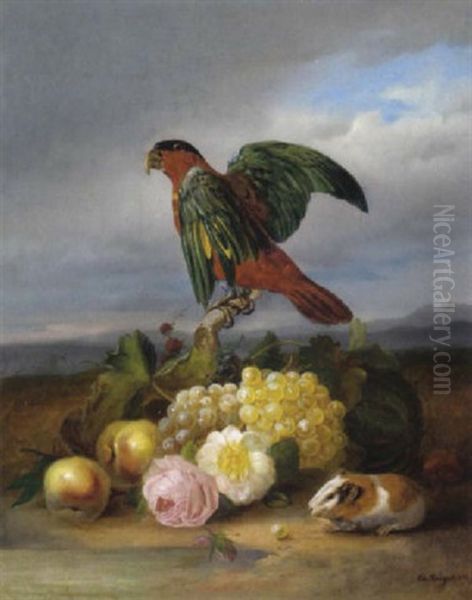 Stilleben Mit Trauben, Apfel, Rosen, Meerschweinschen Und Papagei - view 1