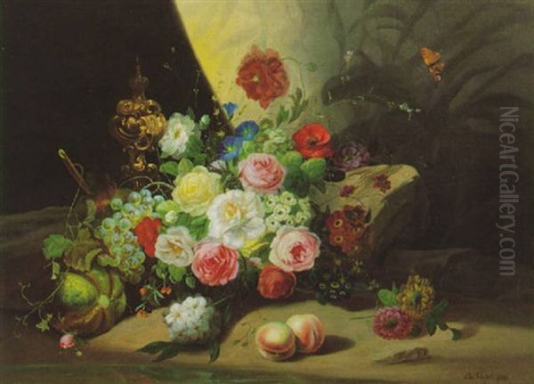 Flowers, Fruit And A Golden Vessel In A Landscape - view 1