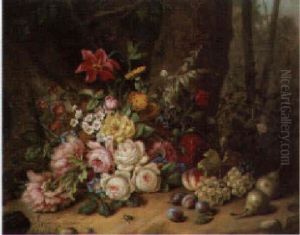 Summer Flowers, Pears, Grapes, Plums And A Beetle On A Woodland Floor by Eduard Wuger