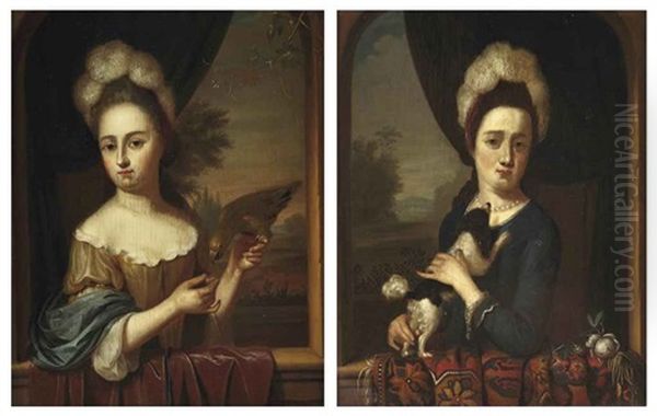 Portrait Of A Young Lady Standing In A Window With A Parrot, A Landscape Beyond (+ Portrait Of A Young Lady Standing In A Window With A Dog...; [pair) - view 1