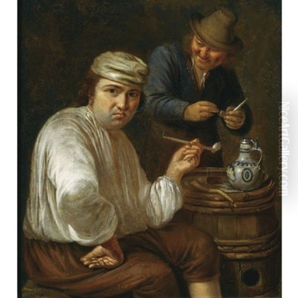 A Peasant Seated Next To A Barrel Smoking A Pipe, Another One Standing Behind Him Preparing A Pipe - view 1