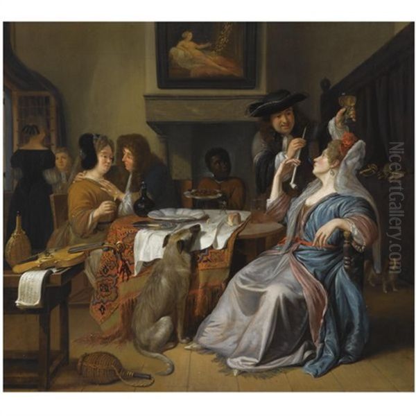 An Elegant Company In An Interior Drinking And Smoking, With A Violin And A Music Book On A Table In The Foreground - view 1
