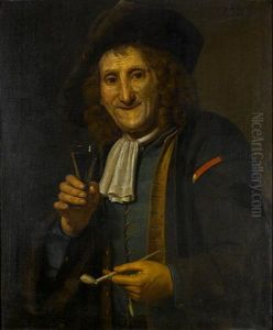 An Elderly Man In A Grey Coat With A Green Waistcoat And Black Felt Hat, Holding A Glass Of Wine And A Pipe