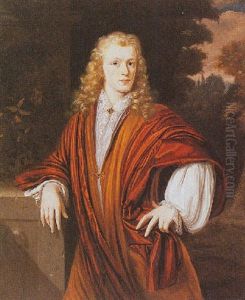 Portrait Of A Young Man Wearing An Orange Robe With A Lace Chemise And A Red Silk Cloak In A Park Landscape