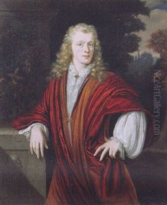 Portrait Of A Gentleman Wearing An Orange Silk Japanse Rok, Lace Chemise And A Red Silk Wrap, A Garden Beyond