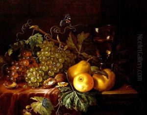 Stilleben Mit Weintrauben, Pfirsichen, Apfel Und Nussen Sowie Zwei Schmetterlingen by Willem Ernst Wunder