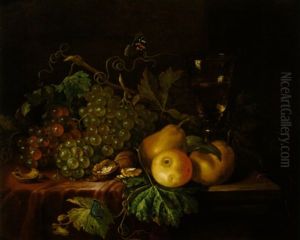 Stillleben Mit Weintrauben, Pfirsichen, Apfel Und Nussen Sowie Zwei Schmetterlingen by Willem Ernst Wunder